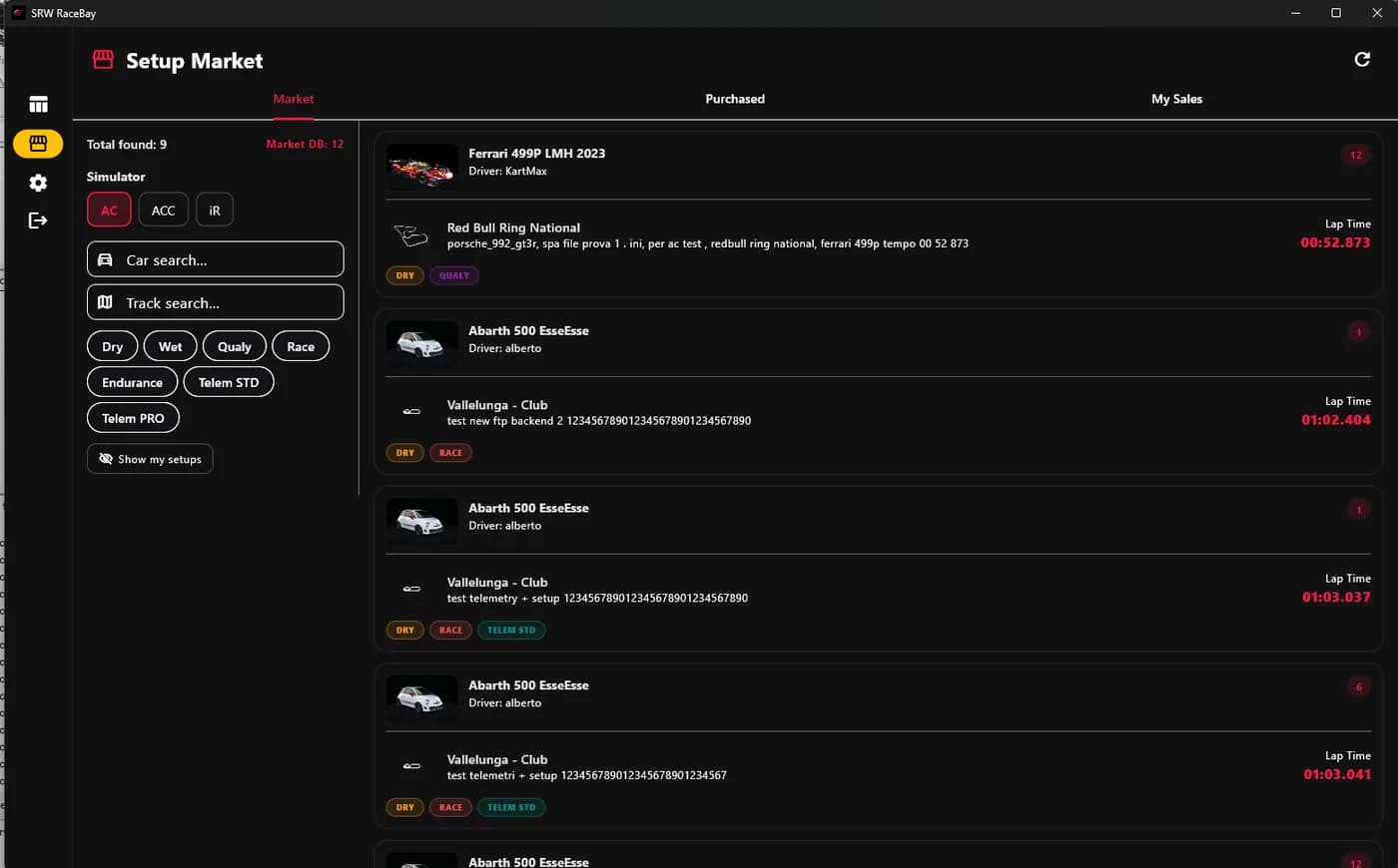 RaceBay — Setup Market, annunci in tempo reale